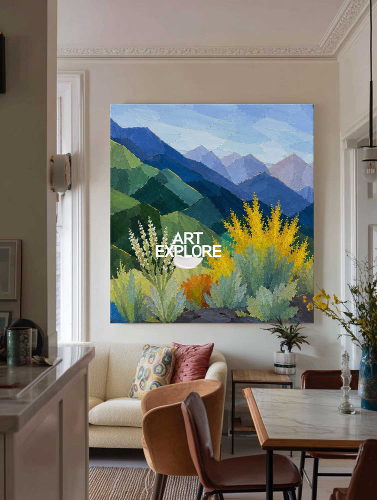 Modern Geometric Mountain Landscape Painting With Textured Blue Green Nature Art For Living Room Decor