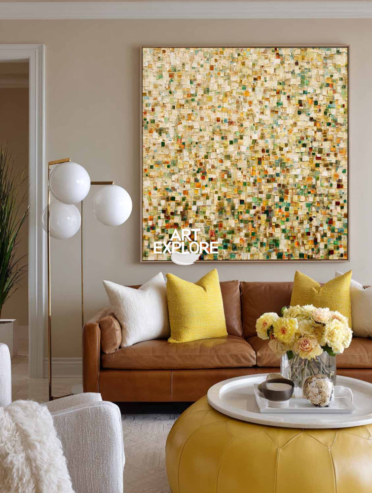 Abstract Mosaic Oil Painting With Vibrant Green And Gold Tones For Modern Living Room Decor