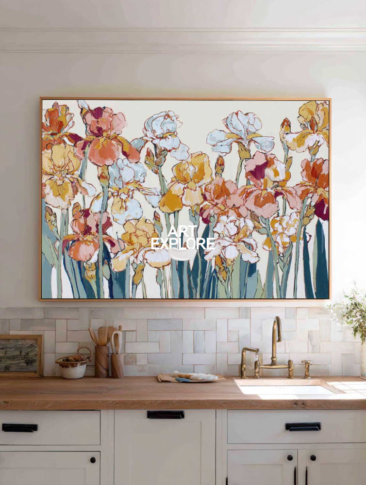 Modern Abstract Floral Art Painting With Teal Stems For Living Room Decor