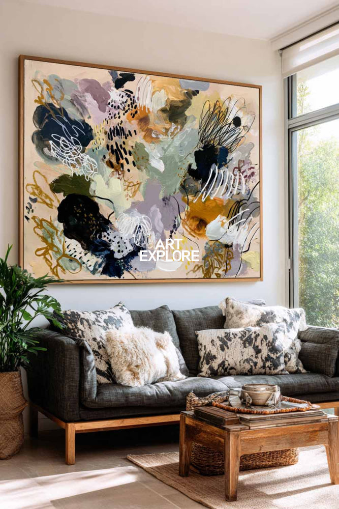 Large Multicolor Abstract Canvas Art With Neutral Beige Base For Living Room Wall