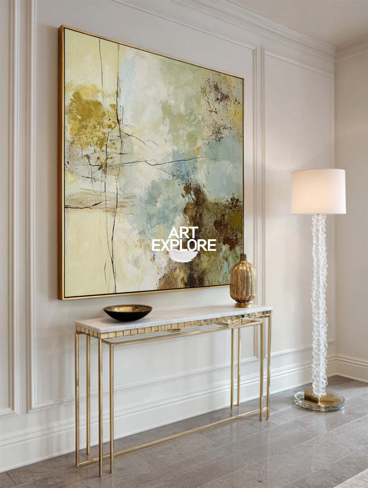 Abstract Modern Green Blue Beige Square Oil Painting On Linen Canvas For Living Room