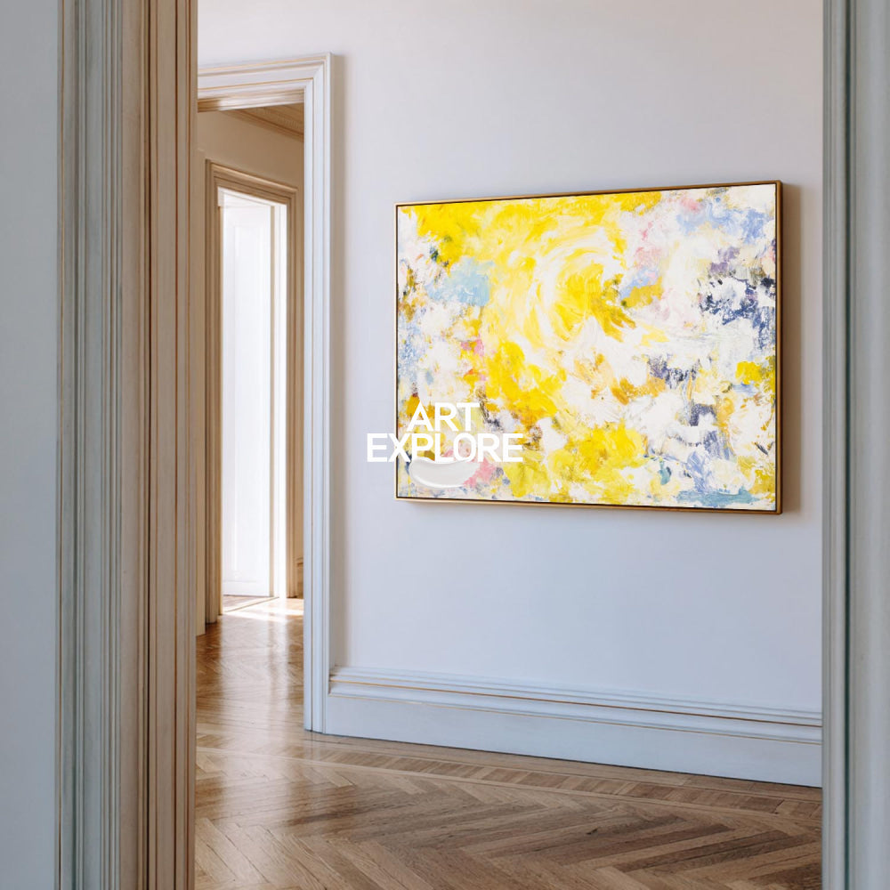 Vibrant Yellow Abstract Painting With Textured Brushwork For Modern Living Spaces