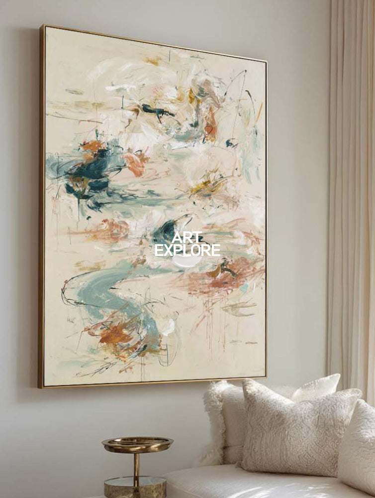 Large Abstract Expressionist Painting In Beige And Green For Modern Home Decor