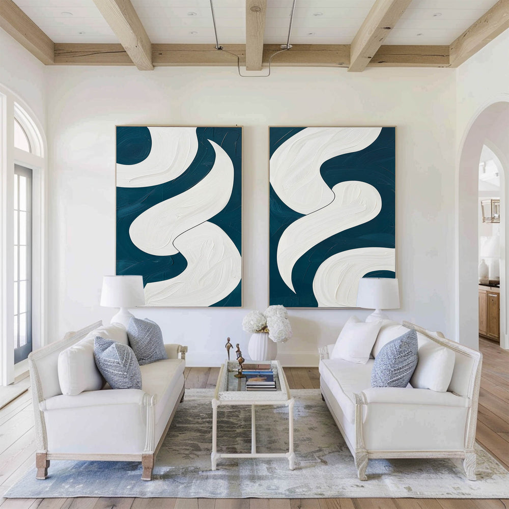Abstract Turquoise And White Framed Wall Art Set Of 2 Geomet Shapes Painting Modern Oil Art Custom Canvas Paintings