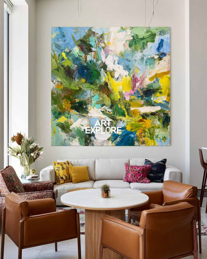 Vibrant Green Abstract Oil Painting With Impressionist Flair For Modern Home Decor
