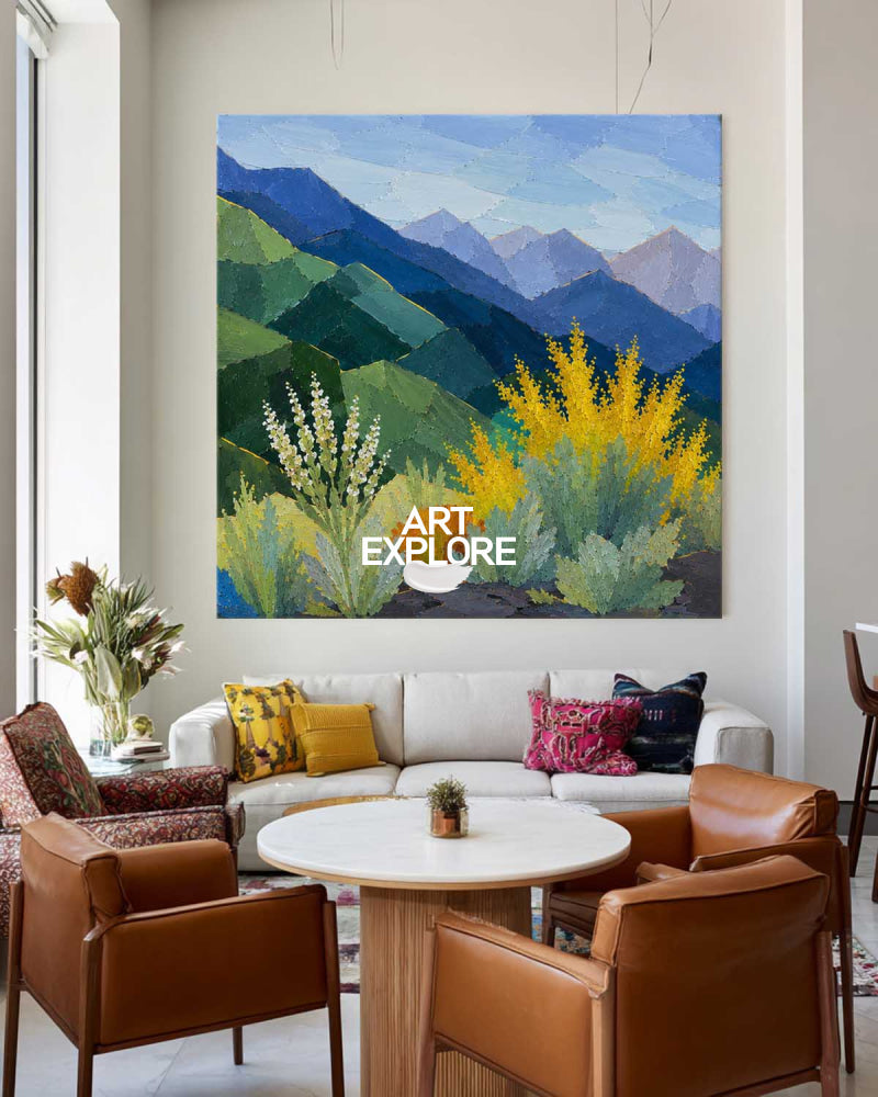 Modern Geometric Mountain Landscape Painting With Textured Blue Green Nature Art For Living Room Decor