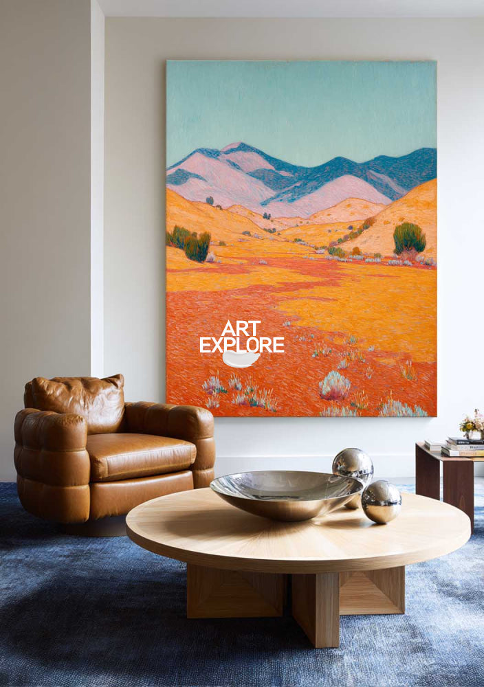 Abstract Desert Landscape Painting With Textured Orange And Blue Hues For Modern Home Decor