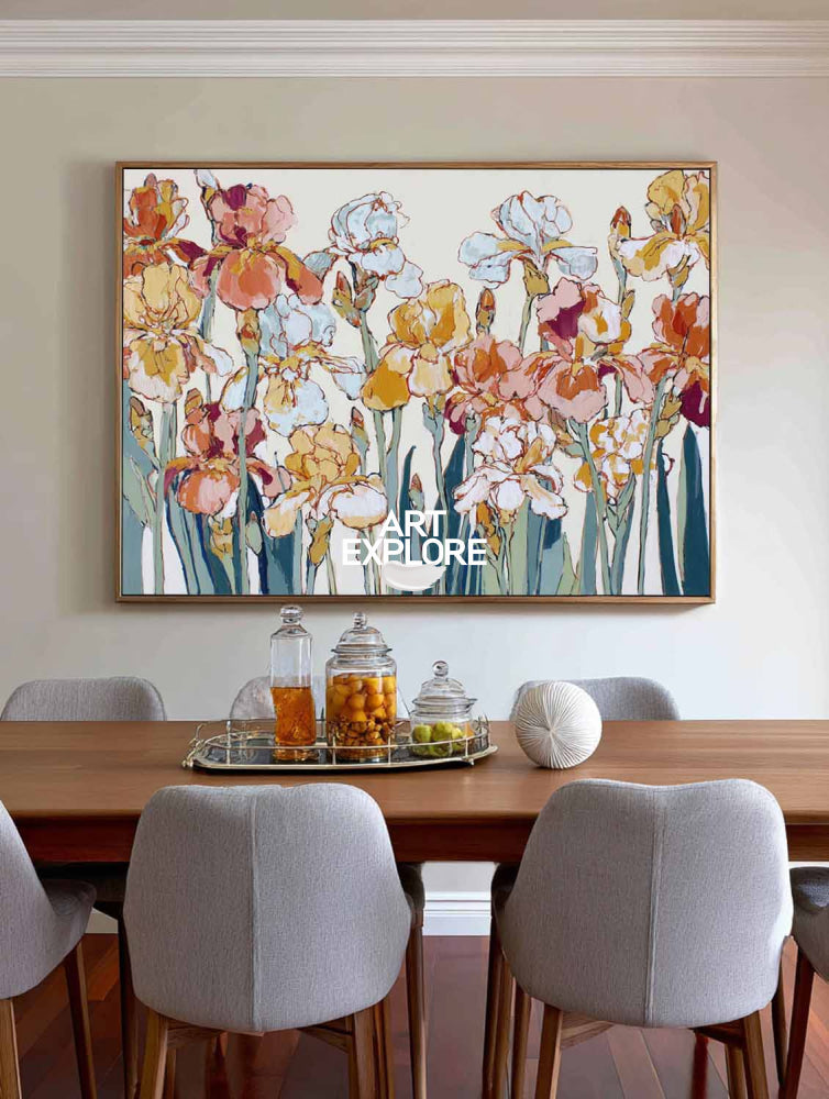 Modern Abstract Floral Art Painting With Teal Stems For Living Room Decor