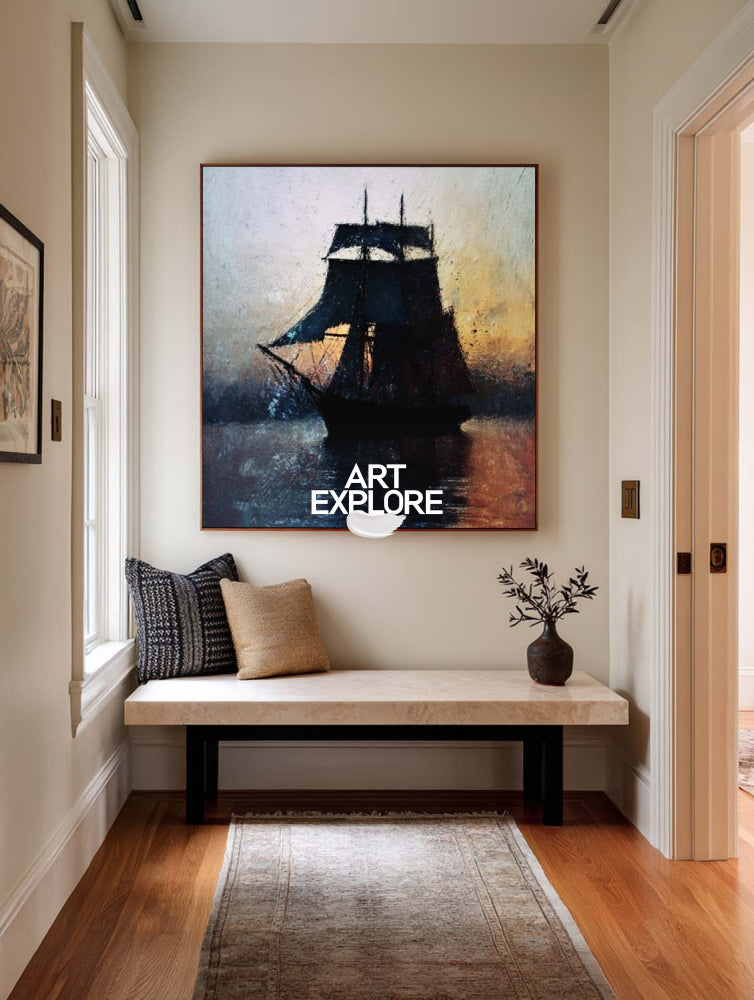 Abstract Sunset Seascape Painting With Dark Boat Silhouette For Modern Home Decor