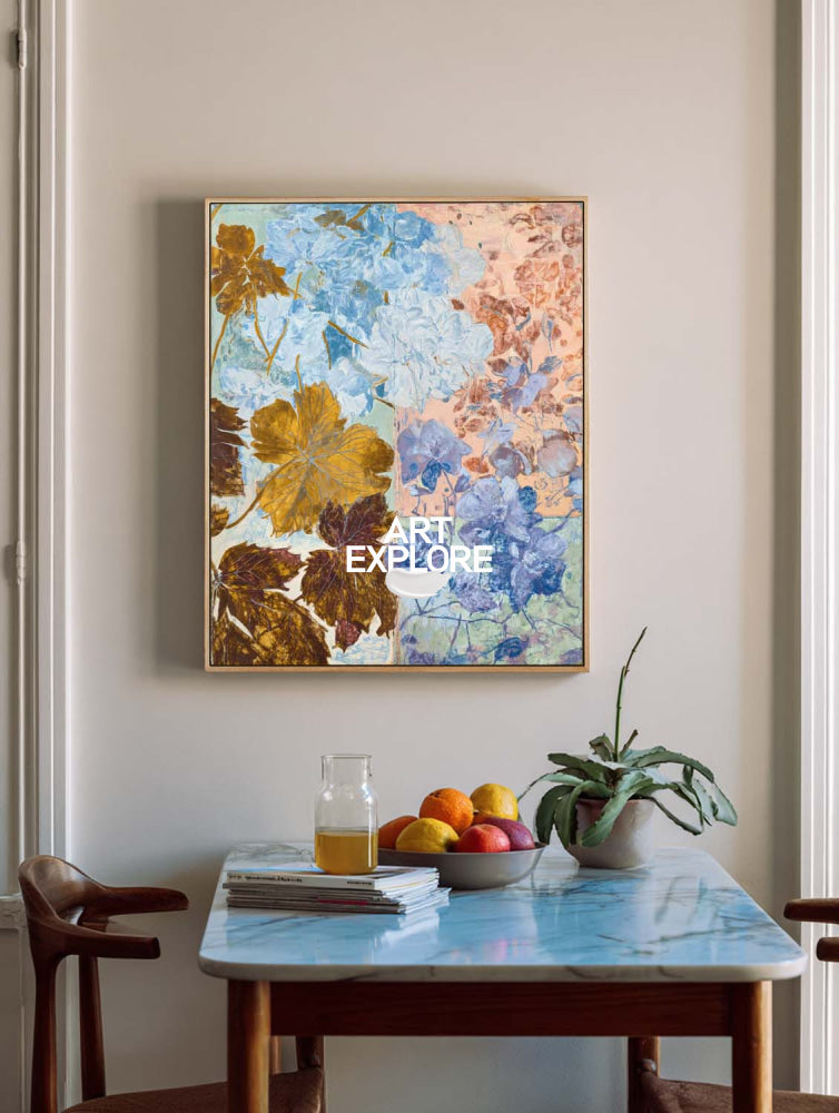 Modern Abstract Floral Painting With Gold Leaves For Living Room Decor