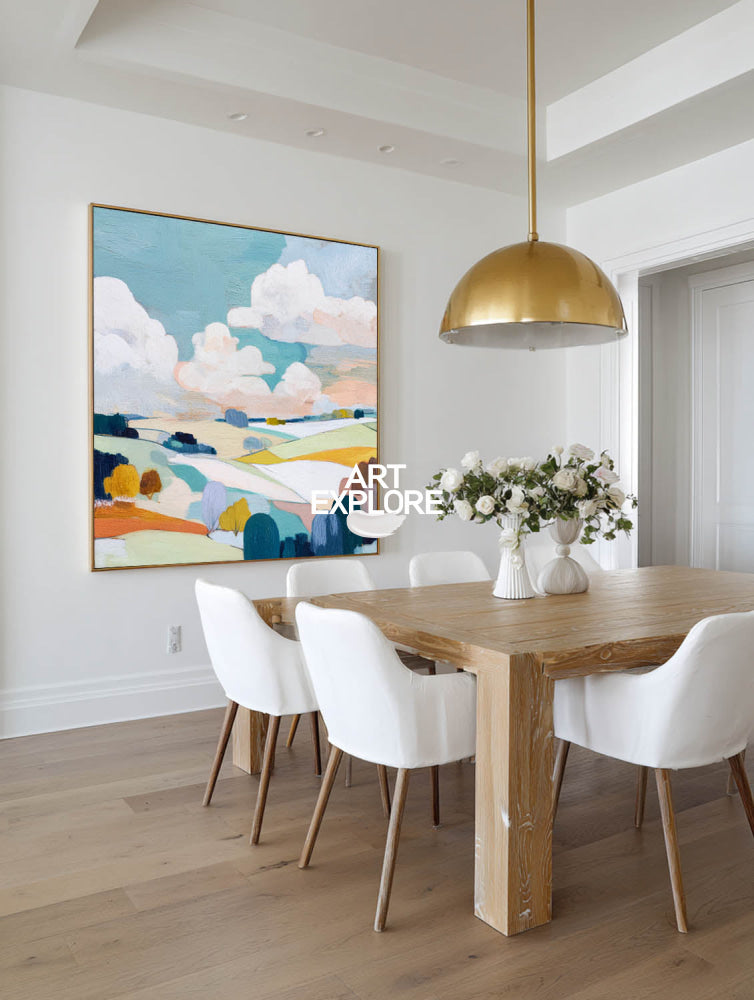 Textured Abstract Landscape Painting With Rolling Hills And Soft Colors For Modern Home Decor