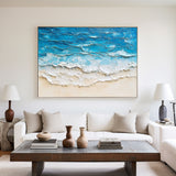 Large Ocean Wave Art Painting Horizontal Canvas Blue Plaster Ocean Paintings Rich Textured Wall Art