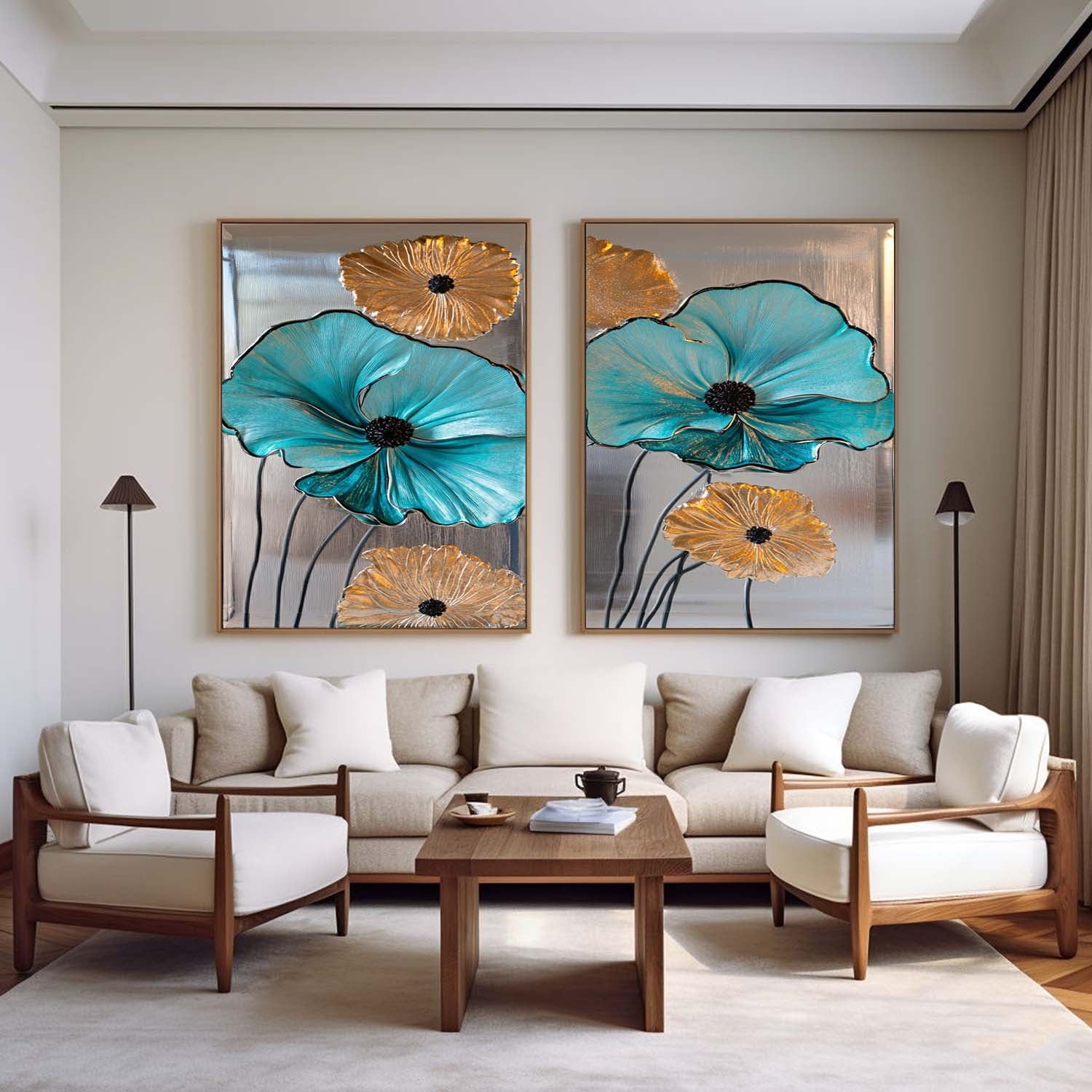Diptych Turquoise Flowers Art Painting, Set Of 2 Silver Color Rich Texture Art Large Abstract Wall Art