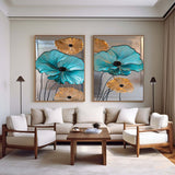 Diptych Turquoise Flowers Art Painting, Set Of 2 Silver Color Rich Texture Art Large Abstract Wall Art