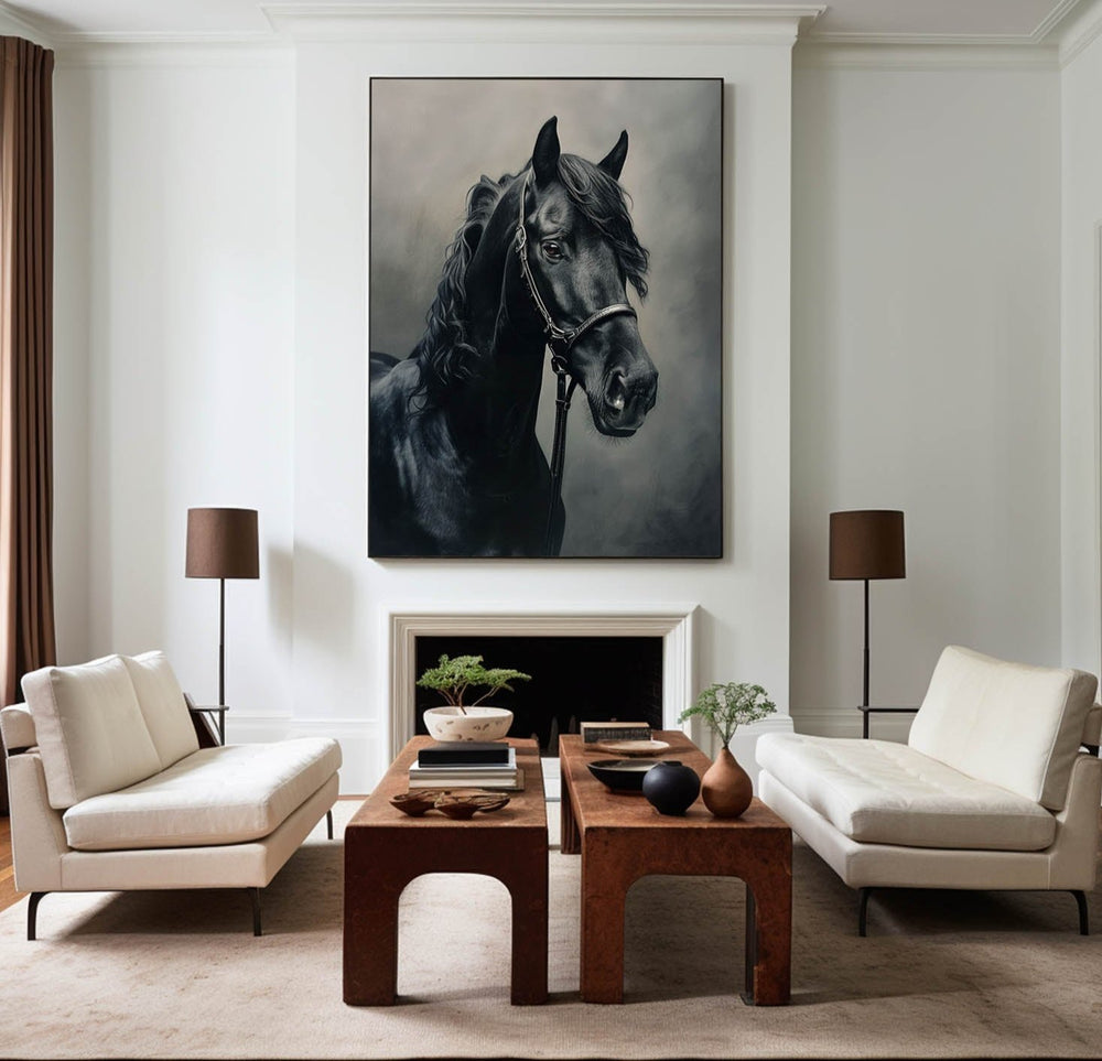 Large Black Horse Oil Painting Wild Horse Canvas Wall Art Black Steed Painting For Sale