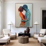 Modern Lovers Painting Blue Red Palette Knife Painting Rich Textured Lovers Artworks for Livingroom