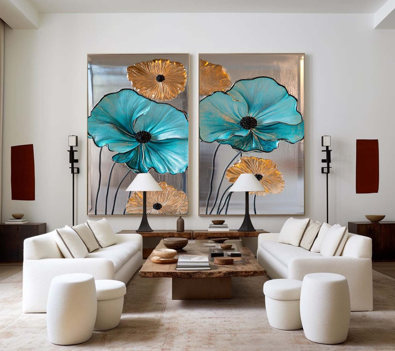 Diptych Turquoise Flowers Art Painting, Set Of 2 Silver Color Rich Texture Art Large Abstract Wall Art