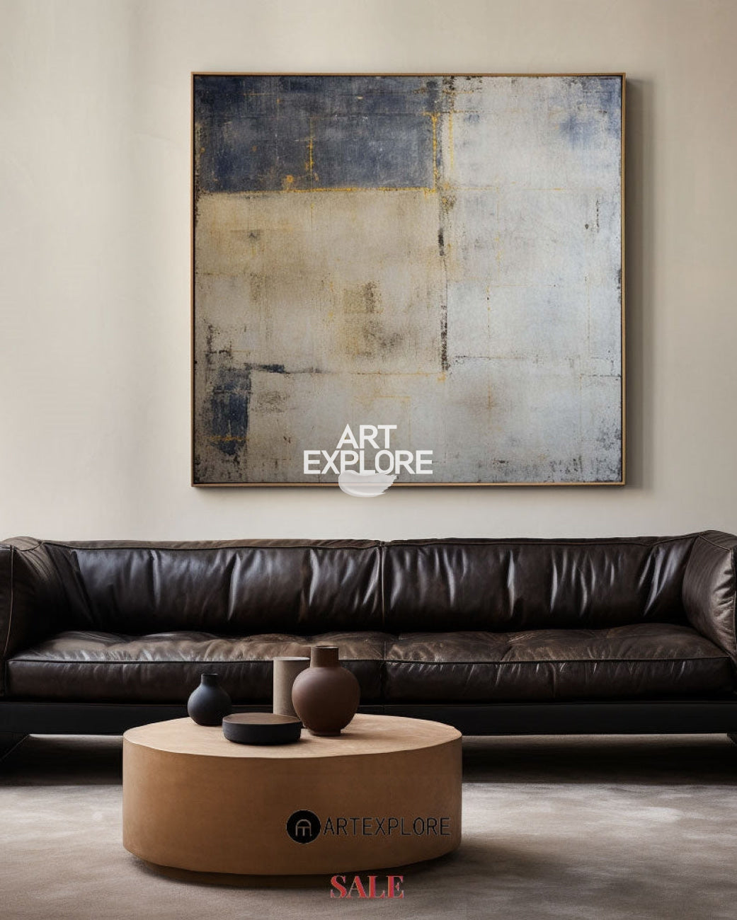 Wabi-sabi Brown Grey Painting Square Minimal Painting Large Canvas Wall Art For Sale