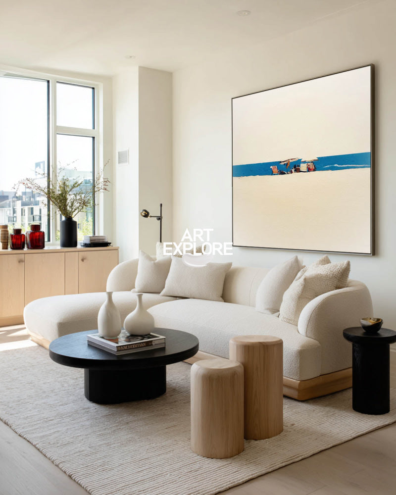 Original Minimalist Beach Painting With Blue Sea And Sand For Modern Coastal Home Decor Art
