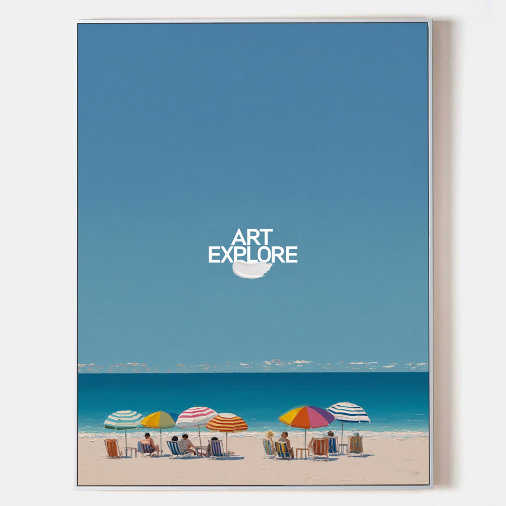 Modern Blue Beach Painting With Colorful Umbrellas For Coastal Living Room Decor