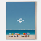 Modern Blue Beach Painting With Colorful Umbrellas For Coastal Living Room Decor