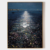 Abstract Moonlit Ocean Painting With Textured Blue Waves For Modern Home Decor