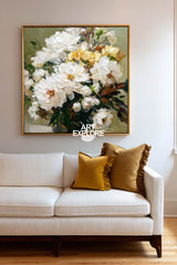 Textured White Peony Bouquet Painting Modern Floral Art For Living Room Decor