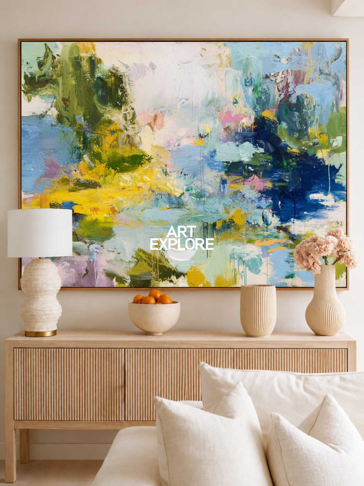 Large Abstract Impressionist Painting With Blue And Yellow Tones For Modern Living Room Decor