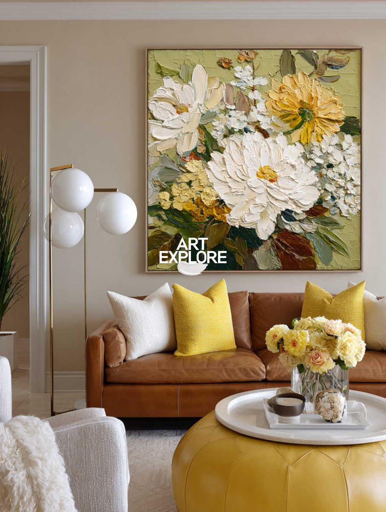 Large Textured Floral Oil Painting White And Green Abstract Art For Living Room