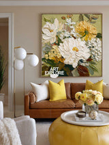 Large Textured Floral Oil Painting White And Green Abstract Art For Living Room