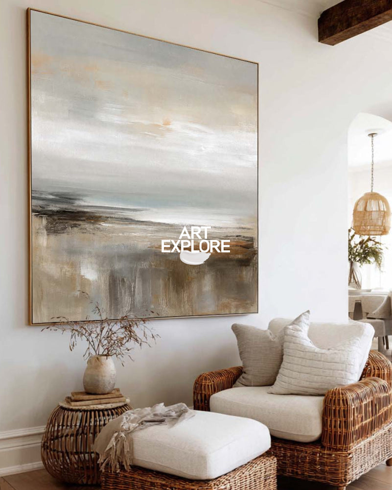 Abstract Textured Square Painting With Neutral Horizon For Modern Living Room Decor