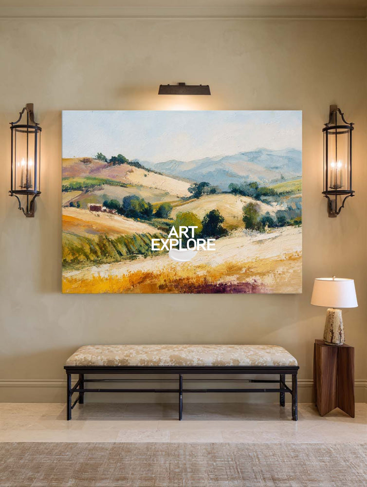 Golden Hillside Landscape Oil Painting With Textured Brushwork For Modern Living Room Decor