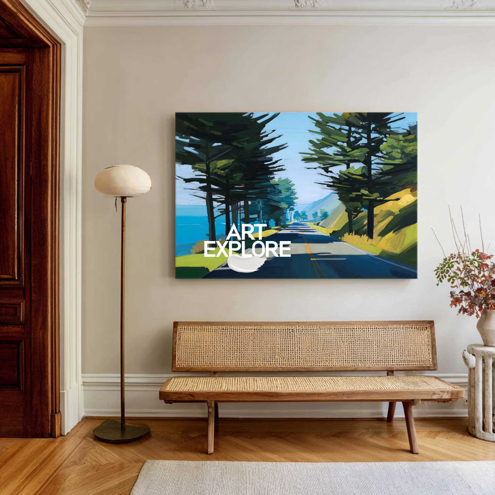 Abstract Coastal Highway Landscape Painting With Blue Green Tones For Modern Home Decor