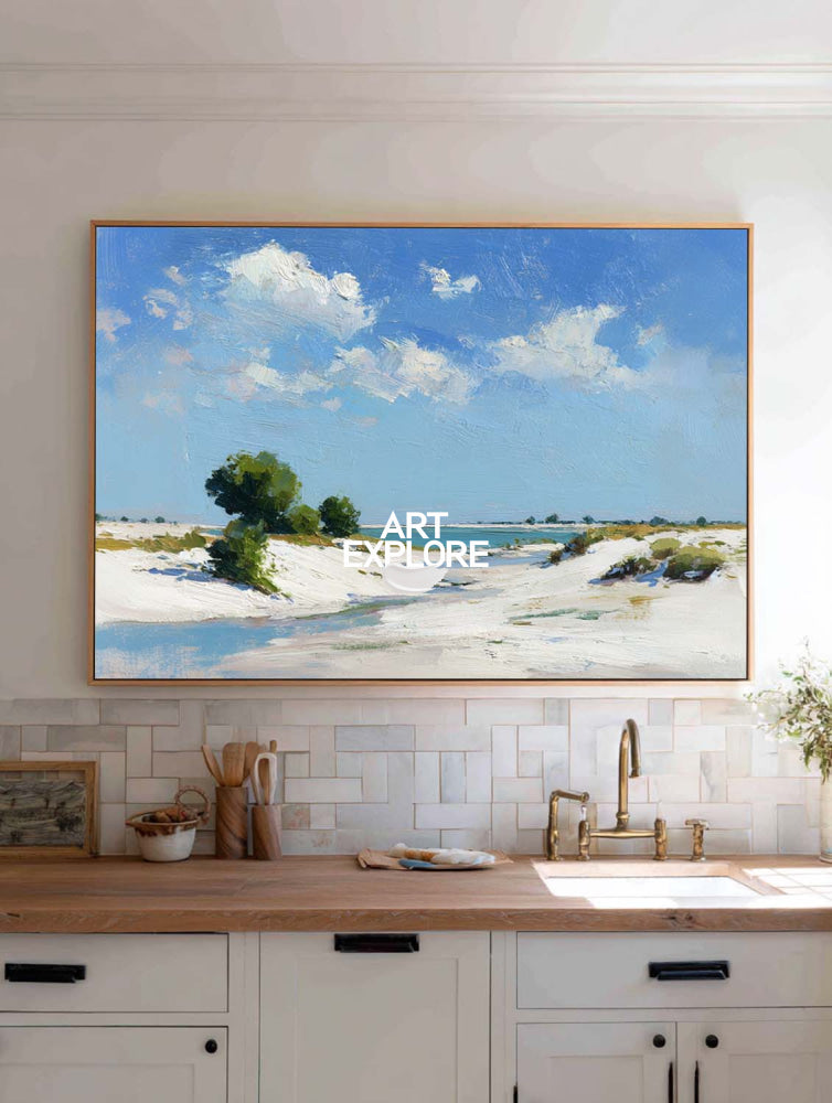 Original Azure Sky And Sand Dune Oil Art With Green Accents For Home Wall Decor