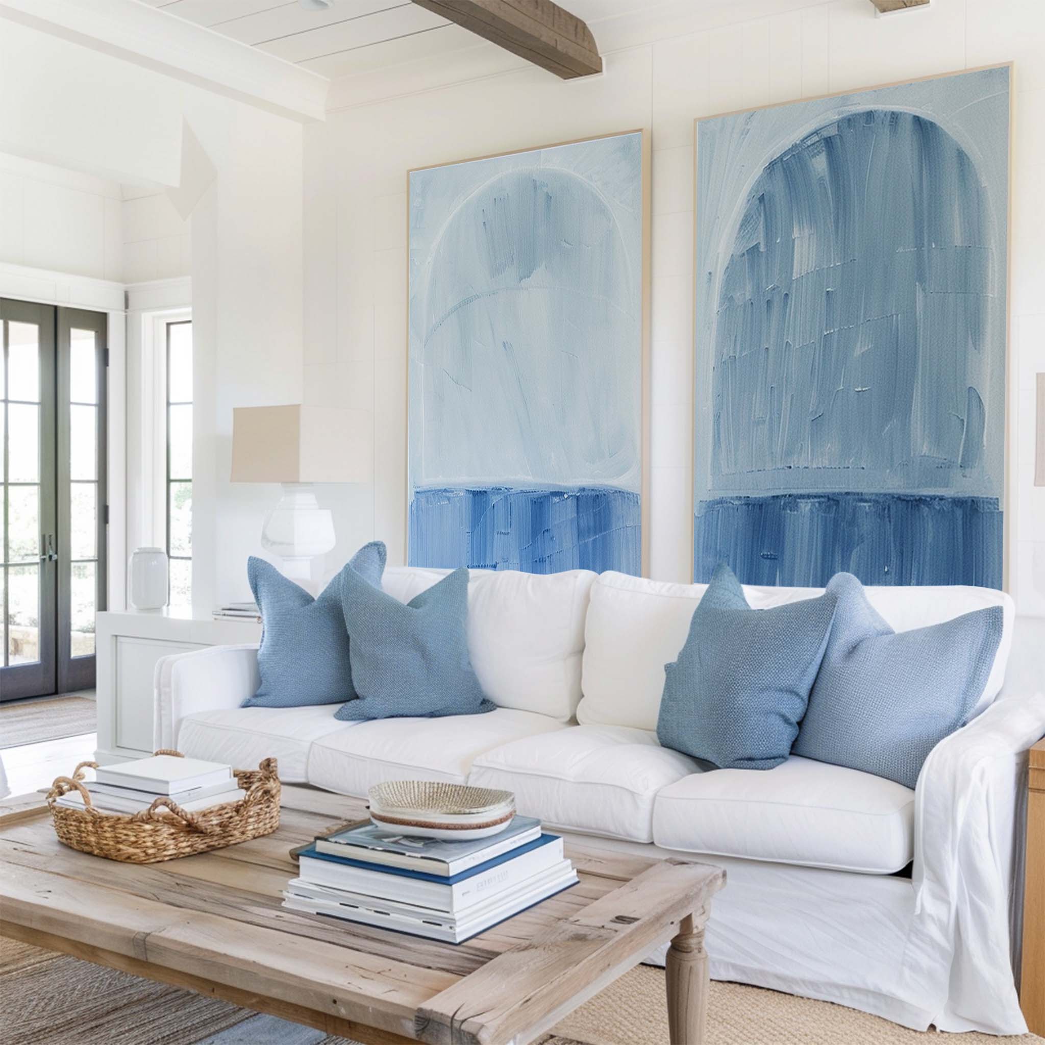 Large Blue White Textured Abstract Minimalist Wall Art Modern Abstract Painting For Sale