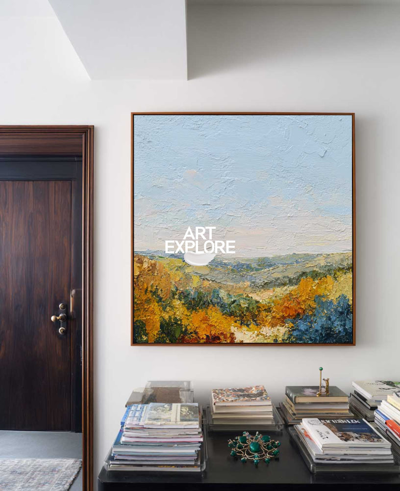 Square Original Oil Painting Of Autumn Hills With Rich Texture And Earth Tones