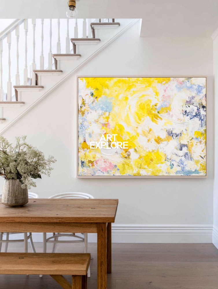 Vibrant Yellow Abstract Painting With Textured Brushwork For Modern Living Spaces