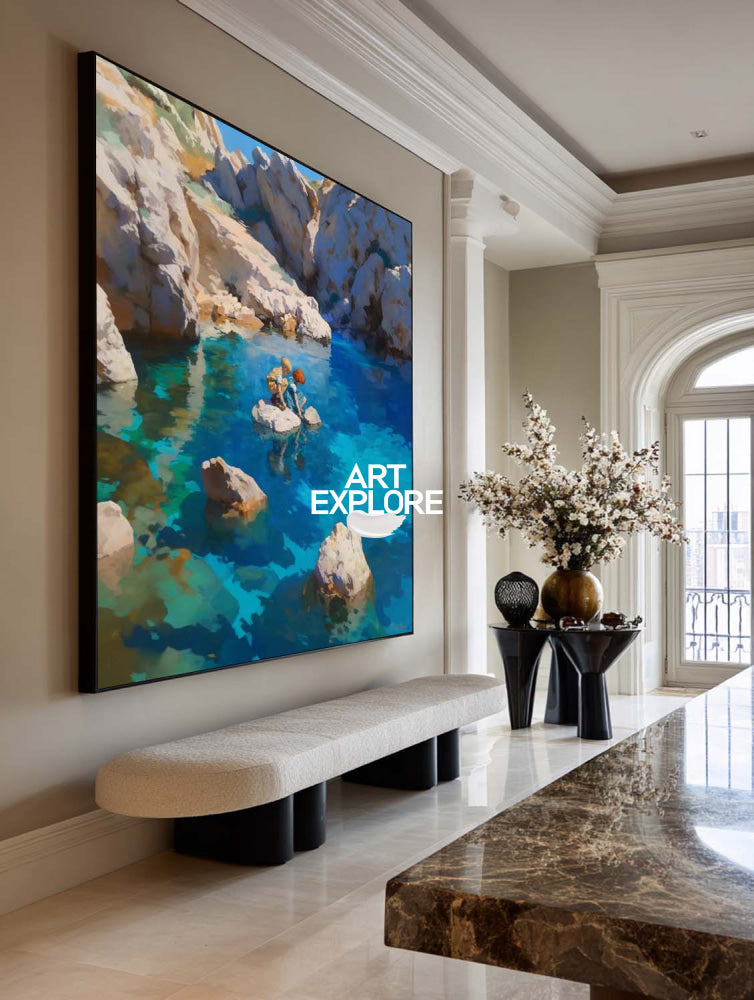 Abstract Turquoise Seascape Painting With Figures In Square Frame For Modern Home Decor