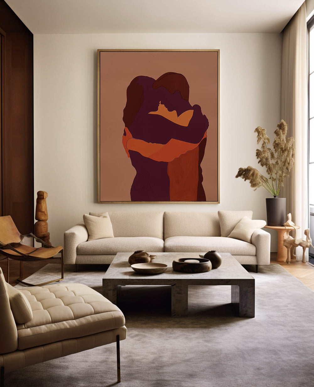 Large Red Minimalist Loving Couple Canvas Painting Kissing Lovers Painting Modern Abstract Painting