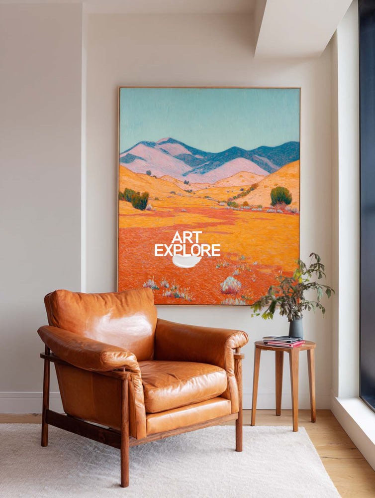 Abstract Desert Landscape Painting With Textured Orange And Blue Hues For Modern Home Decor