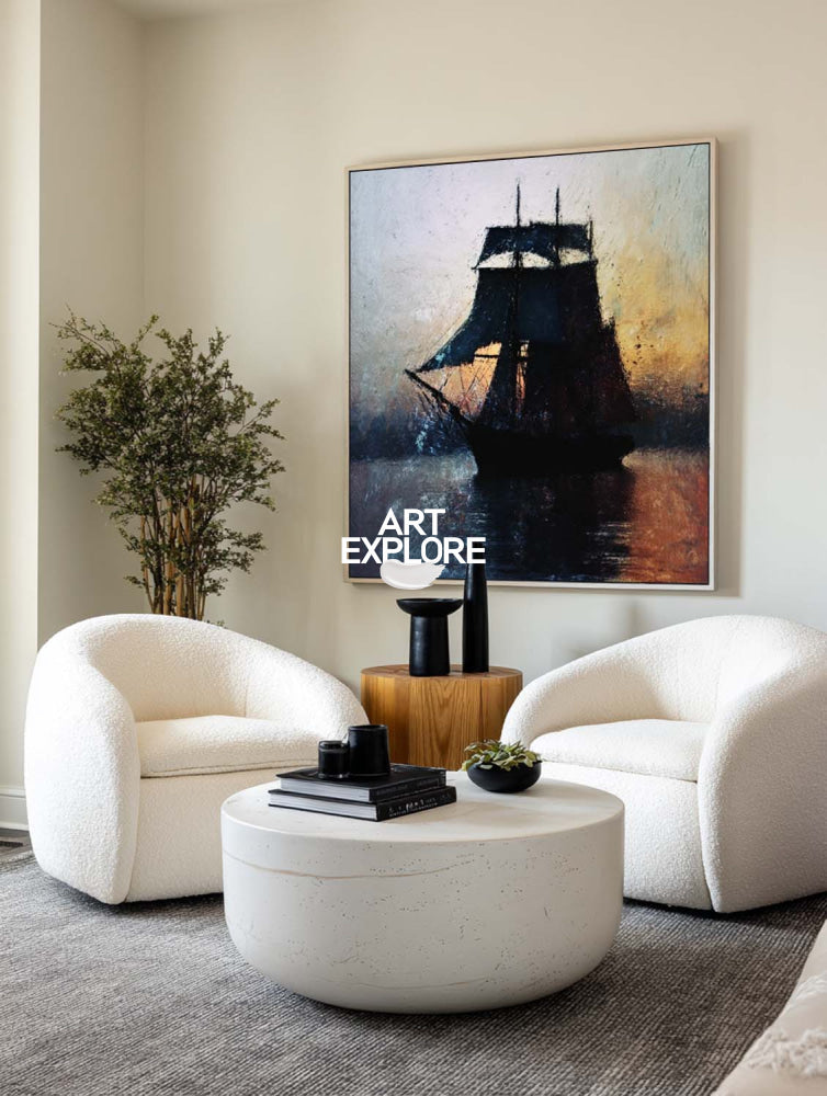 Abstract Sunset Seascape Painting With Dark Boat Silhouette For Modern Home Decor