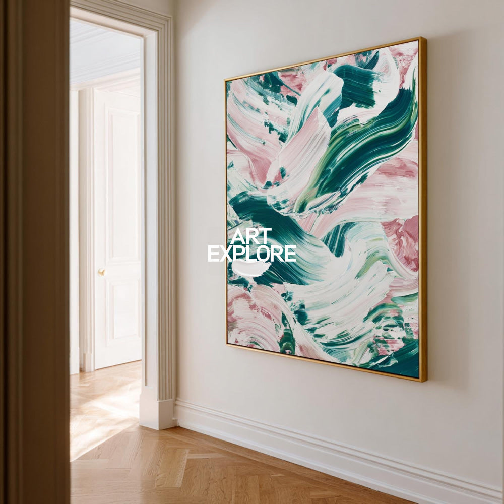 Textured Abstract Wall Art In Emerald Green And Soft Pink For Contemporary Home