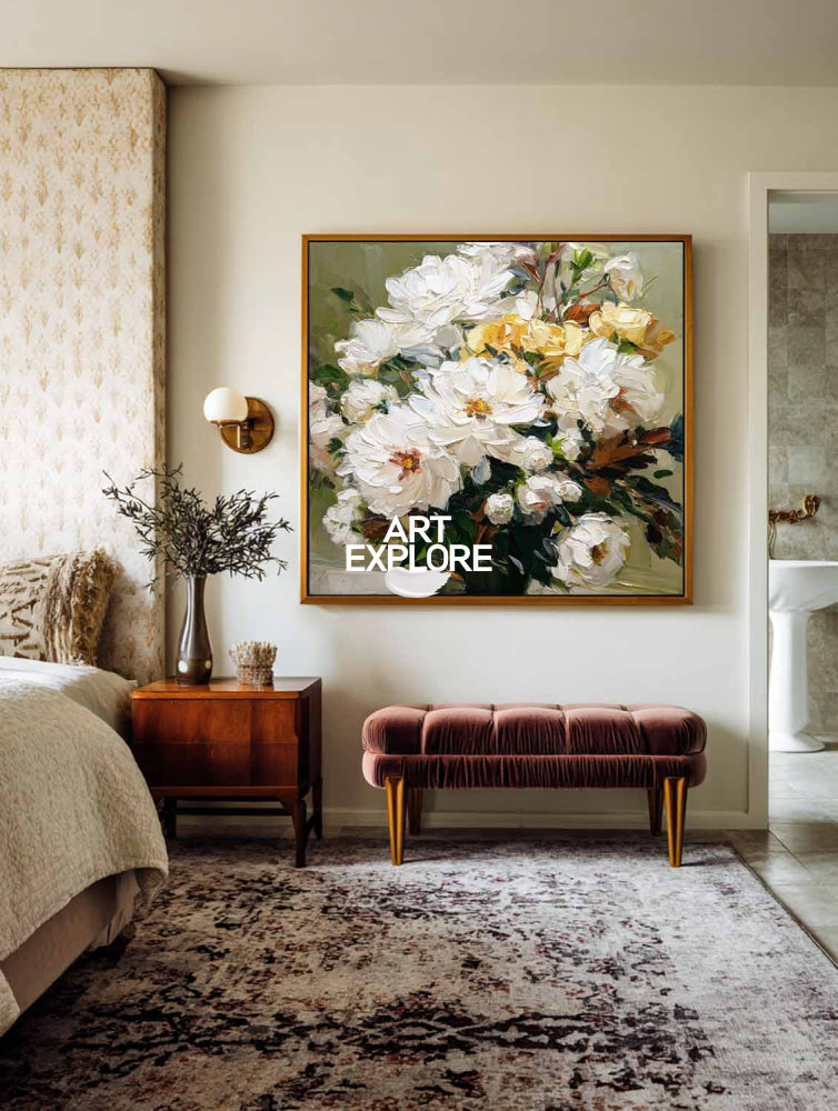 Textured White Peony Bouquet Painting Modern Floral Art For Living Room Decor