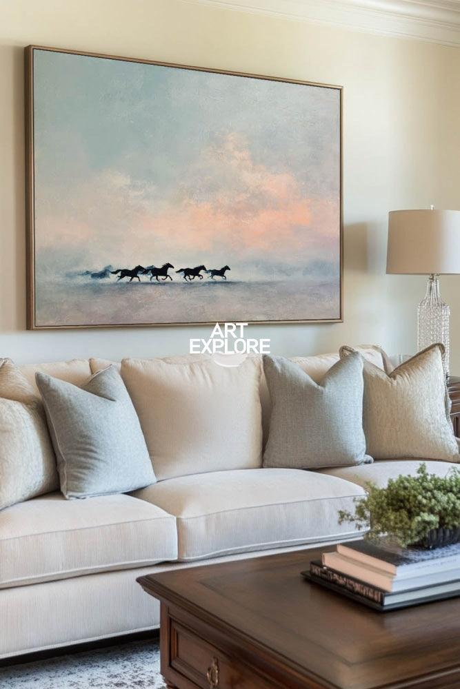 Minimalist Running Horse Painting Textured Blue Grey Wall Art For Living Room