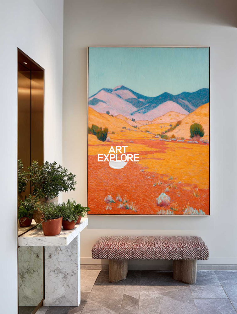Abstract Desert Landscape Painting With Textured Orange And Blue Hues For Modern Home Decor