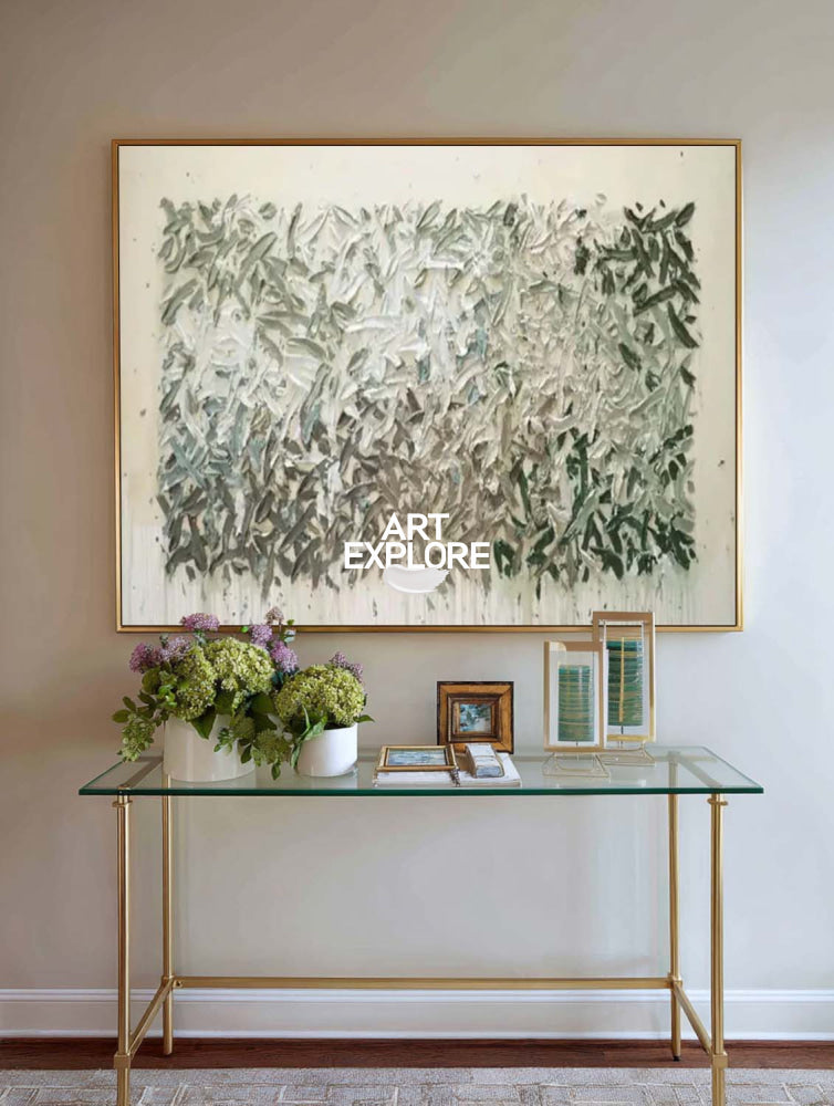 Large Green Abstract Painting With Textured Impasto For Modern Living Room Decor