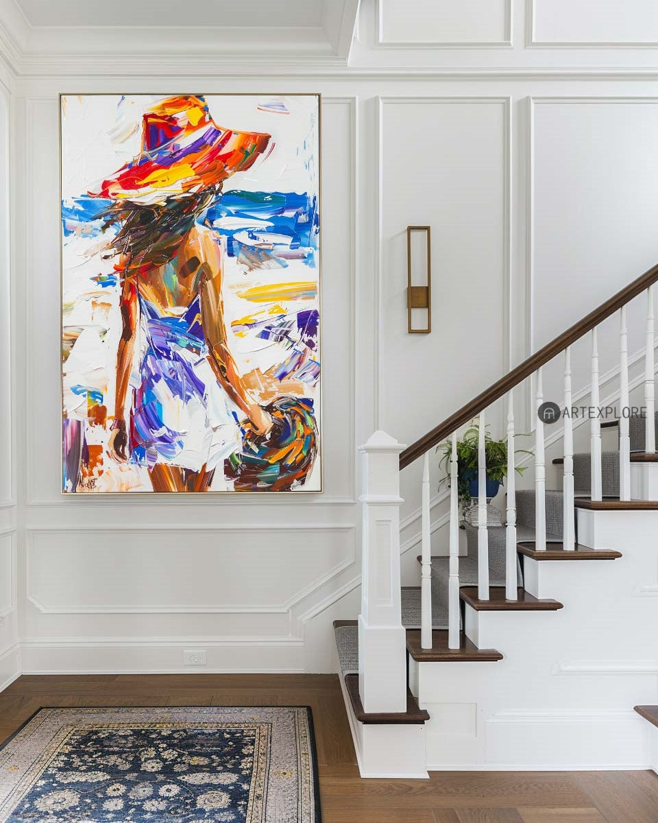 Original Abstract Woman In White Dress Oil Painting,Minimalist Colourful Apartment Decor,Beautiful Girl With A Hat