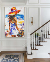 Original Abstract Woman In White Dress Oil Painting,Minimalist Colourful Apartment Decor,Beautiful Girl With A Hat