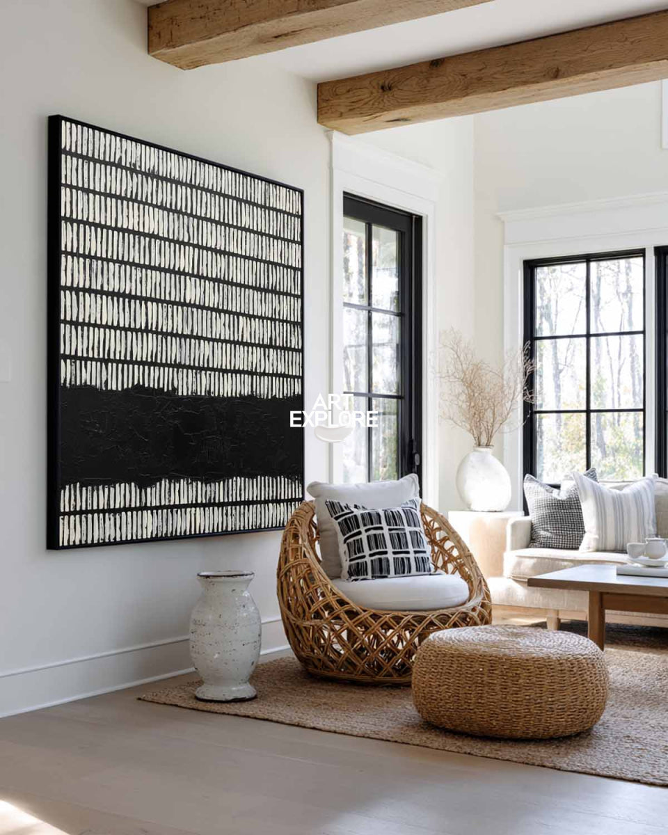 Minimalist Black And White Abstract Square Painting With Geometric Lines For Modern Home Decor