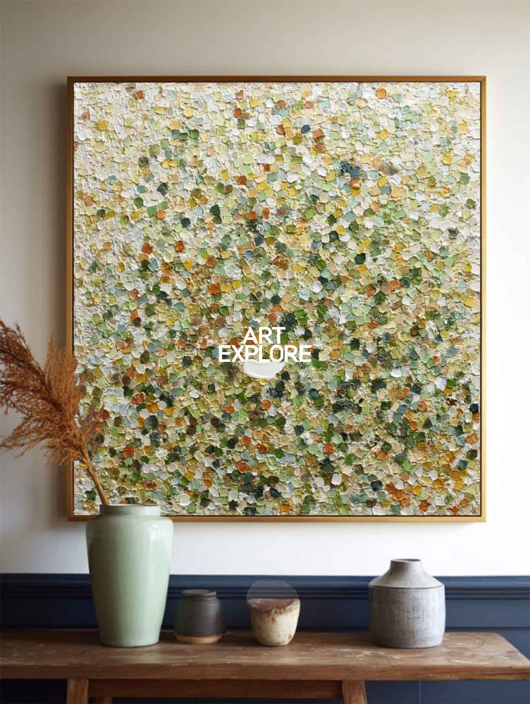 Modern Green Abstract Pointillist Art With Textured Canvas For Living Room Decor